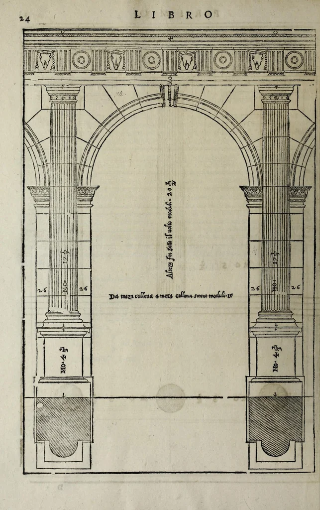 An illustration from L'architettura di Andrea Palladio diuisa in quattro libri : ne' quali, dopò vn breue trattato de' cinque ordini, et di quelli auertimenti, c[he] sono più necessarij nel fabricare : si tratta delle case priuate, delle vie, dei ponti, delle piazze, dei xisti, et de tempij, 1642, leaf 34