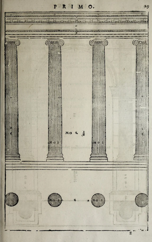An illustration from L'architettura di Andrea Palladio diuisa in quattro libri : ne' quali, dopò vn breue trattato de' cinque ordini, et di quelli auertimenti, c[he] sono più necessarij nel fabricare : si tratta delle case priuate, delle vie, dei ponti, delle piazze, dei xisti, et de tempij, 1642, leaf 39