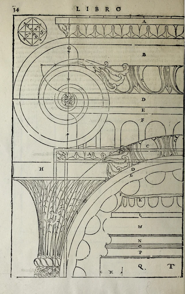 An illustration from L'architettura di Andrea Palladio diuisa in quattro libri : ne' quali, dopò vn breue trattato de' cinque ordini, et di quelli auertimenti, c[he] sono più necessarij nel fabricare : si tratta delle case priuate, delle vie, dei ponti, delle piazze, dei xisti, et de tempij, 1642, leaf 44