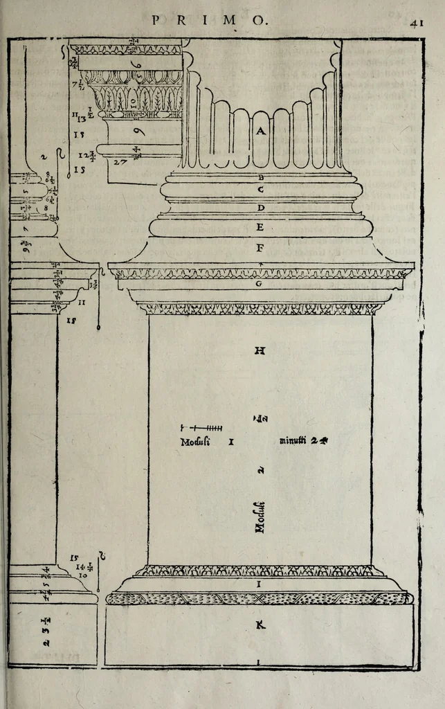 An illustration from L'architettura di Andrea Palladio diuisa in quattro libri : ne' quali, dopò vn breue trattato de' cinque ordini, et di quelli auertimenti, c[he] sono più necessarij nel fabricare : si tratta delle case priuate, delle vie, dei ponti, delle piazze, dei xisti, et de tempij, 1642, leaf 51