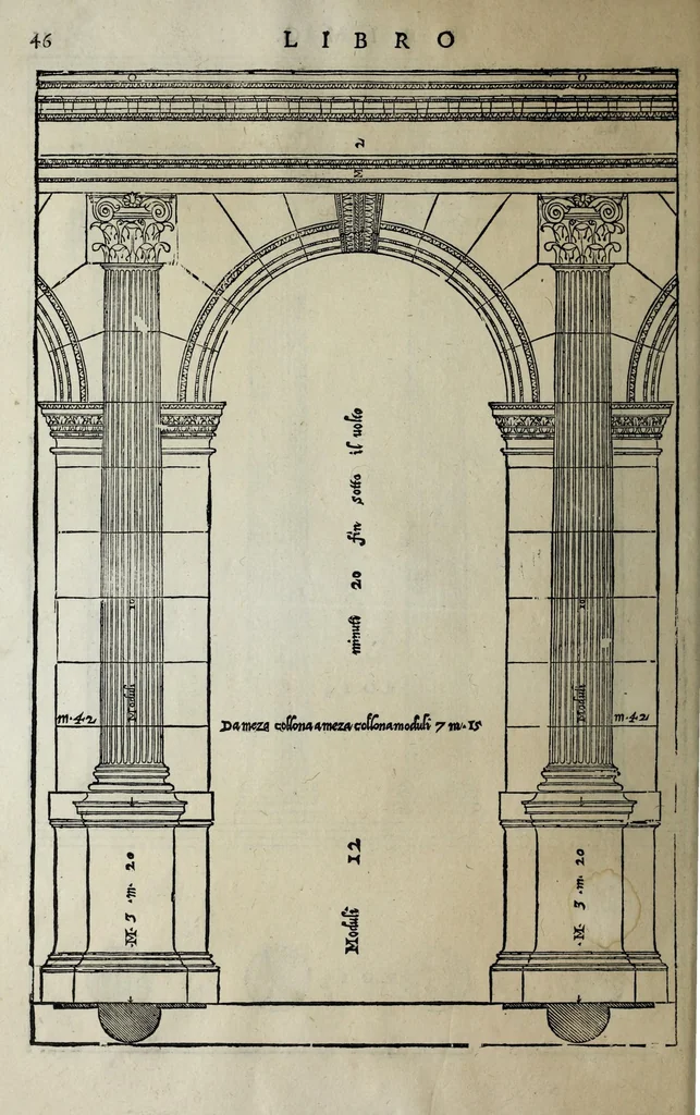 An illustration from L'architettura di Andrea Palladio diuisa in quattro libri : ne' quali, dopò vn breue trattato de' cinque ordini, et di quelli auertimenti, c[he] sono più necessarij nel fabricare : si tratta delle case priuate, delle vie, dei ponti, delle piazze, dei xisti, et de tempij, 1642, leaf 56