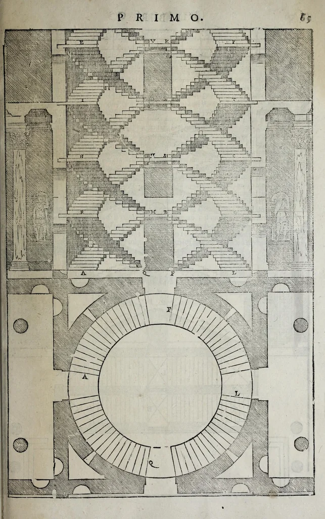 An illustration from L'architettura di Andrea Palladio diuisa in quattro libri : ne' quali, dopò vn breue trattato de' cinque ordini, et di quelli auertimenti, c[he] sono più necessarij nel fabricare : si tratta delle case priuate, delle vie, dei ponti, delle piazze, dei xisti, et de tempij, 1642, leaf 75