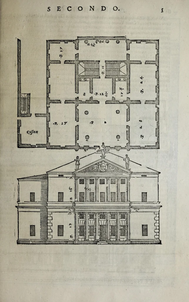 An illustration from L'architettura di Andrea Palladio diuisa in quattro libri : ne' quali, dopò vn breue trattato de' cinque ordini, et di quelli auertimenti, c[he] sono più necessarij nel fabricare : si tratta delle case priuate, delle vie, dei ponti, delle piazze, dei xisti, et de tempij, 1642, leaf 83