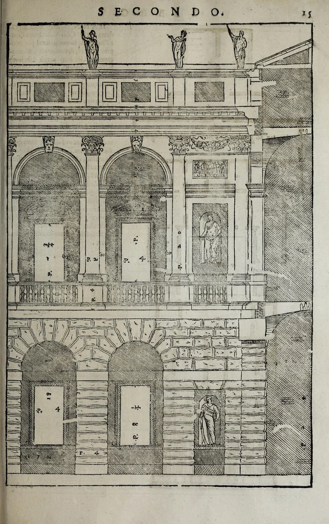 An illustration from L'architettura di Andrea Palladio diuisa in quattro libri : ne' quali, dopò vn breue trattato de' cinque ordini, et di quelli auertimenti, c[he] sono più necessarij nel fabricare : si tratta delle case priuate, delle vie, dei ponti, delle piazze, dei xisti, et de tempij, 1642, leaf 93