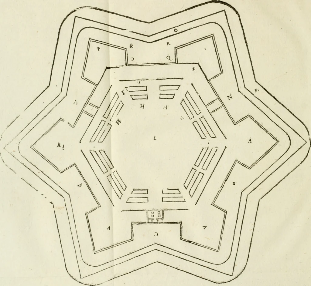 An illustration from L'architettura militare di Gabriello Busca, milanese : nella quale si da contezza ad ogni professore, e seguace della guerra tanto di grande, quanto di basso titolo, Del modo di fortificare luochi deboli, cinger cittadi, fabricar fortezze, cosi al monte, come alla pianura, e della maniera di diffenderle da qualsiuoglia batteria, & assalto, 1619, leaf 113