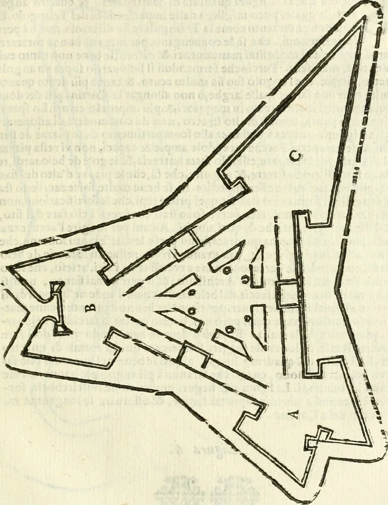 An illustration from L'architettura militare di Gabriello Busca, milanese : nella quale si da contezza ad ogni professore, e seguace della guerra tanto di grande, quanto di basso titolo, Del modo di fortificare luochi deboli, cinger cittadi, fabricar fortezze, cosi al monte, come alla pianura, e della maniera di diffenderle da qualsiuoglia batteria, & assalto, 1619, leaf 122