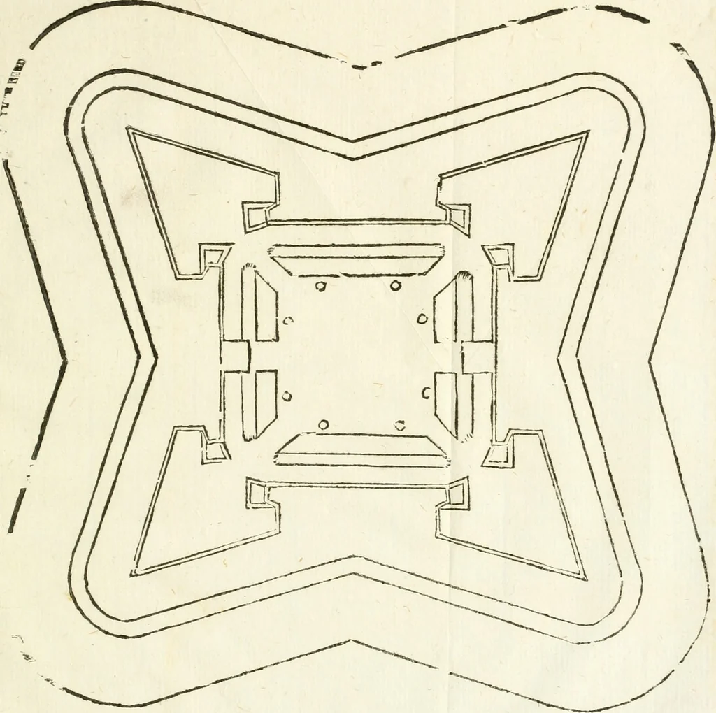 An illustration from L'architettura militare di Gabriello Busca, milanese : nella quale si da contezza ad ogni professore, e seguace della guerra tanto di grande, quanto di basso titolo, Del modo di fortificare luochi deboli, cinger cittadi, fabricar fortezze, cosi al monte, come alla pianura, e della maniera di diffenderle da qualsiuoglia batteria, & assalto, 1619, leaf 124