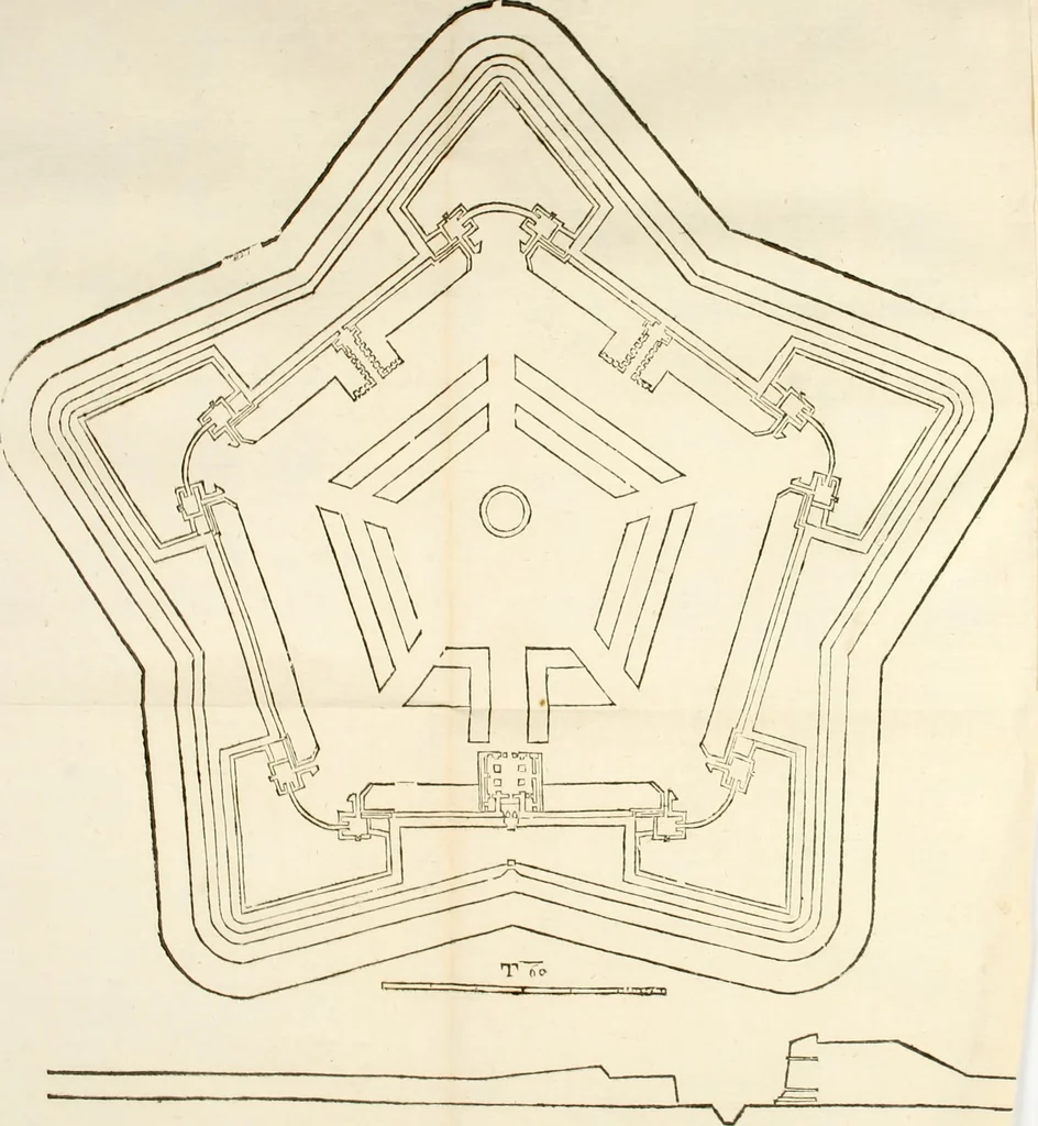 An illustration from L'architettura militare di Gabriello Busca, milanese : nella quale si da contezza ad ogni professore, e seguace della guerra tanto di grande, quanto di basso titolo, Del modo di fortificare luochi deboli, cinger cittadi, fabricar fortezze, cosi al monte, come alla pianura, e della maniera di diffenderle da qualsiuoglia batteria, & assalto, 1619, leaf 126