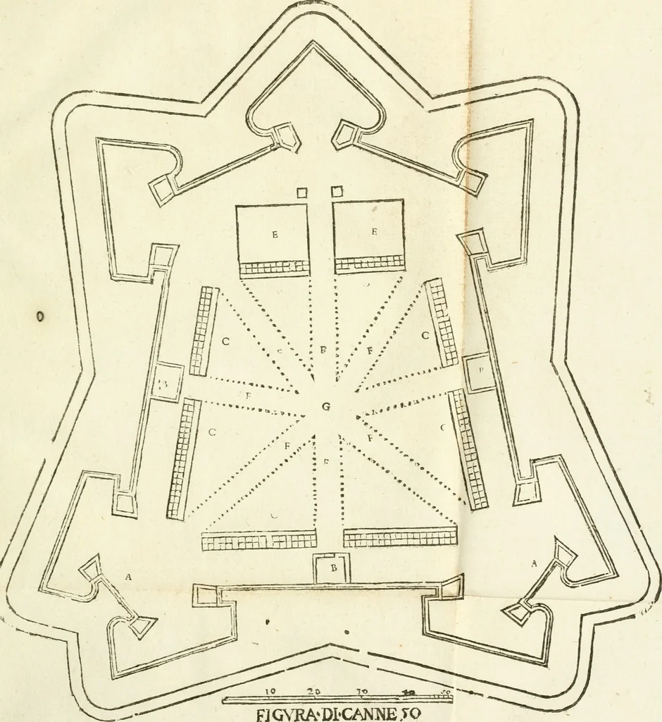 An illustration from L'architettura militare di Gabriello Busca, milanese : nella quale si da contezza ad ogni professore, e seguace della guerra tanto di grande, quanto di basso titolo, Del modo di fortificare luochi deboli, cinger cittadi, fabricar fortezze, cosi al monte, come alla pianura, e della maniera di diffenderle da qualsiuoglia batteria, & assalto, 1619, leaf 136