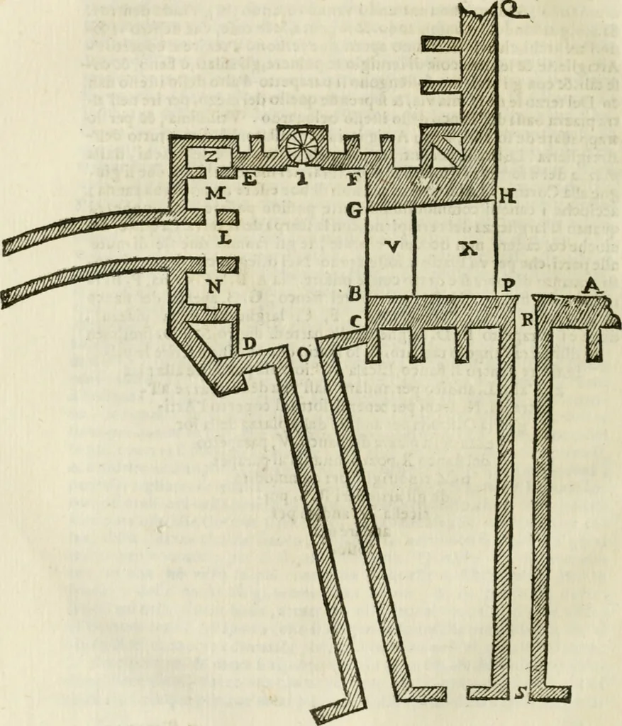 An illustration from L'architettura militare di Gabriello Busca, milanese : nella quale si da contezza ad ogni professore, e seguace della guerra tanto di grande, quanto di basso titolo, Del modo di fortificare luochi deboli, cinger cittadi, fabricar fortezze, cosi al monte, come alla pianura, e della maniera di diffenderle da qualsiuoglia batteria, & assalto, 1619, leaf 163