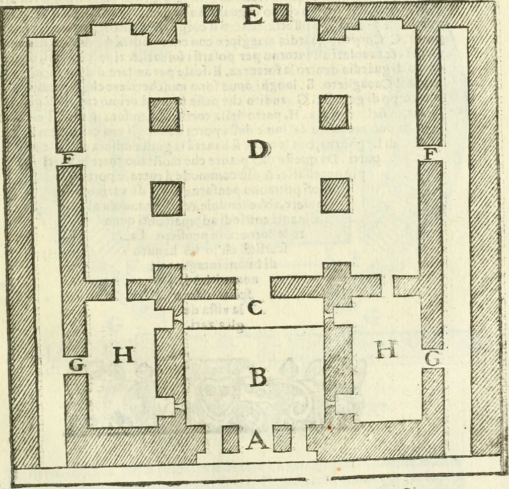 An illustration from L'architettura militare di Gabriello Busca, milanese : nella quale si da contezza ad ogni professore, e seguace della guerra tanto di grande, quanto di basso titolo, Del modo di fortificare luochi deboli, cinger cittadi, fabricar fortezze, cosi al monte, come alla pianura, e della maniera di diffenderle da qualsiuoglia batteria, & assalto, 1619, leaf 222
