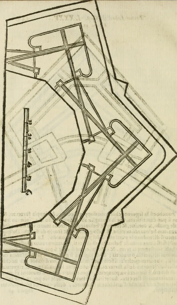 An illustration from L'architettura militare di Gabriello Busca, milanese : nella quale si da contezza ad ogni professore, e seguace della guerra tanto di grande, quanto di basso titolo, Del modo di fortificare luochi deboli, cinger cittadi, fabricar fortezze, cosi al monte, come alla pianura, e della maniera di diffenderle da qualsiuoglia batteria, & assalto, 1619, leaf 255