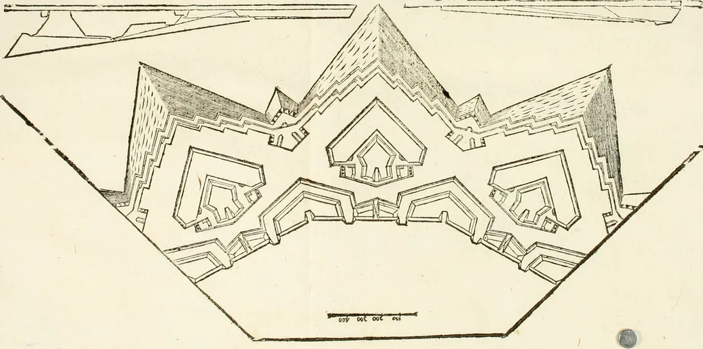 An illustration from L'architettura militare di Gabriello Busca, milanese : nella quale si da contezza ad ogni professore, e seguace della guerra tanto di grande, quanto di basso titolo, Del modo di fortificare luochi deboli, cinger cittadi, fabricar fortezze, cosi al monte, come alla pianura, e della maniera di diffenderle da qualsiuoglia batteria, & assalto, 1619, leaf 257
