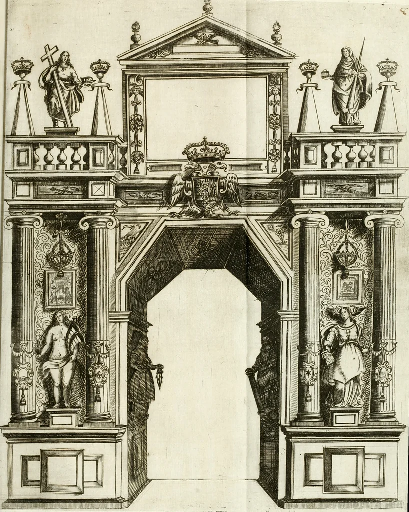 An illustration from La reale maesta, cioé, Racconto di quanto fece la regia città di Pauia nel compire e riceuere la Sereniss. D. Maria Anna, figliuola di Ferdinando terzo, imperadore sempre augusto, e sposa del grande monarca ibero Filippo quarto, di là in passando per andarsene in Ispagna, 1650, leaf 116