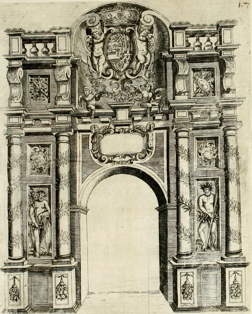 An illustration from La reale maesta, cioé, Racconto di quanto fece la regia città di Pauia nel compire e riceuere la Sereniss. D. Maria Anna, figliuola di Ferdinando terzo, imperadore sempre augusto, e sposa del grande monarca ibero Filippo quarto, di là in passando per andarsene in Ispagna, 1650, leaf 138