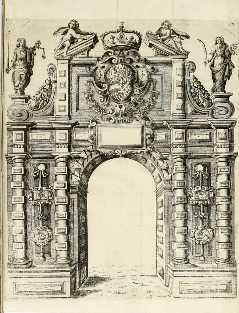 An illustration from La reale maesta, cioé, Racconto di quanto fece la regia città di Pauia nel compire e riceuere la Sereniss. D. Maria Anna, figliuola di Ferdinando terzo, imperadore sempre augusto, e sposa del grande monarca ibero Filippo quarto, di là in passando per andarsene in Ispagna, 1650, leaf 43
