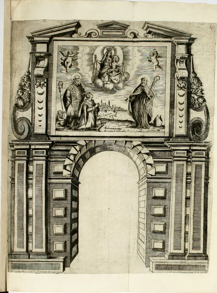 An illustration from La reale maesta, cioé, Racconto di quanto fece la regia città di Pauia nel compire e riceuere la Sereniss. D. Maria Anna, figliuola di Ferdinando terzo, imperadore sempre augusto, e sposa del grande monarca ibero Filippo quarto, di là in passando per andarsene in Ispagna, 1650, leaf 47