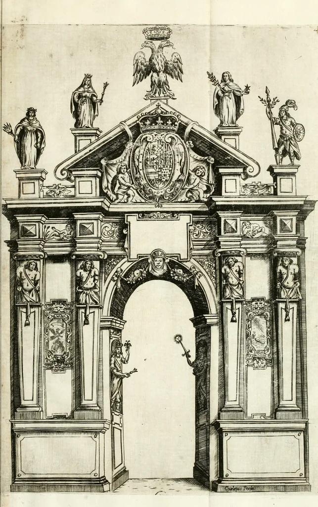 An illustration from La reale maesta, cioé, Racconto di quanto fece la regia città di Pauia nel compire e riceuere la Sereniss. D. Maria Anna, figliuola di Ferdinando terzo, imperadore sempre augusto, e sposa del grande monarca ibero Filippo quarto, di là in passando per andarsene in Ispagna, 1650, leaf 74