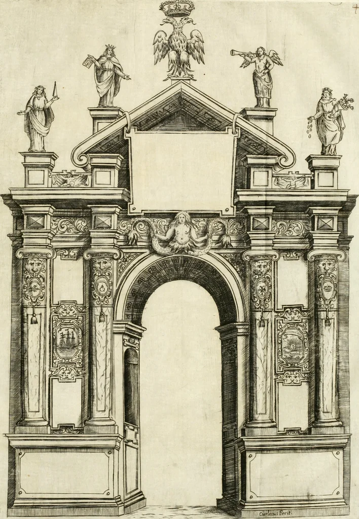An illustration from La reale maesta, cioé, Racconto di quanto fece la regia città di Pauia nel compire e riceuere la Sereniss. D. Maria Anna, figliuola di Ferdinando terzo, imperadore sempre augusto, e sposa del grande monarca ibero Filippo quarto, di là in passando per andarsene in Ispagna, 1650, leaf 76