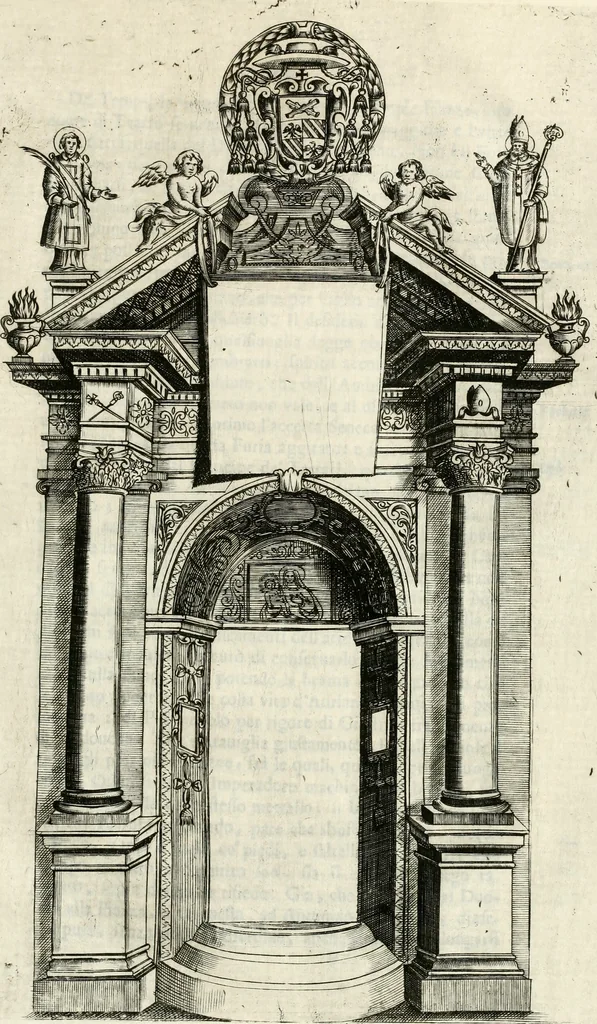 An illustration from La reale maesta, cioé, Racconto di quanto fece la regia città di Pauia nel compire e riceuere la Sereniss. D. Maria Anna, figliuola di Ferdinando terzo, imperadore sempre augusto, e sposa del grande monarca ibero Filippo quarto, di là in passando per andarsene in Ispagna, 1650, leaf 80