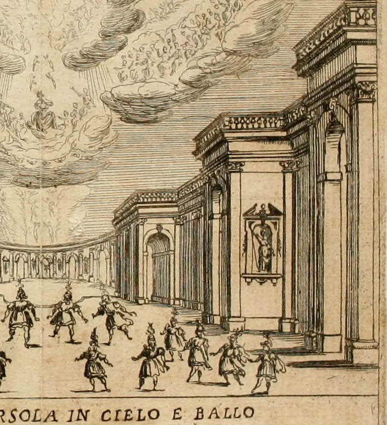 An illustration from La regina sant' Orsola, del sig. Andrea Saluadori : rappresetata nel teatro del sereniss. gran duca di Toscana al serenissimo principe Vladislao Sigismondo, principe di Polonia e di Suezia ; et, I fiori del Caluario, del medesimo, 1625, leaf 115