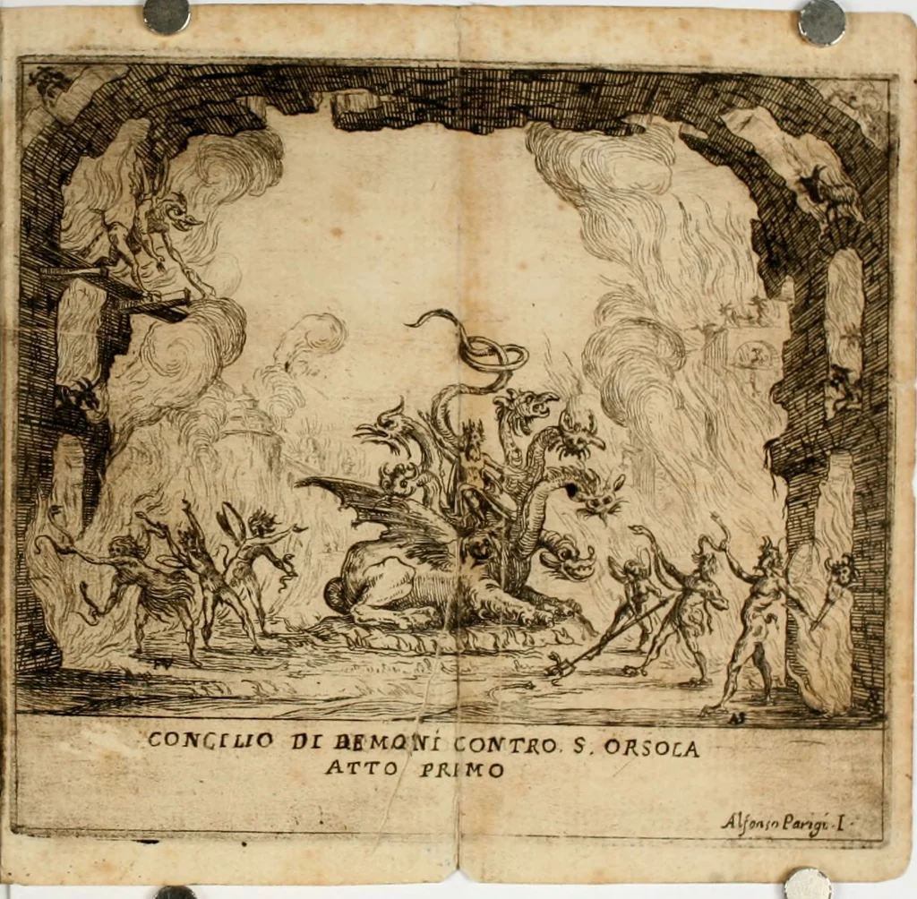 An illustration from La regina sant' Orsola, del sig. Andrea Saluadori : rappresetata nel teatro del sereniss. gran duca di Toscana al serenissimo principe Vladislao Sigismondo, principe di Polonia e di Suezia ; et, I fiori del Caluario, del medesimo, 1625, leaf 27