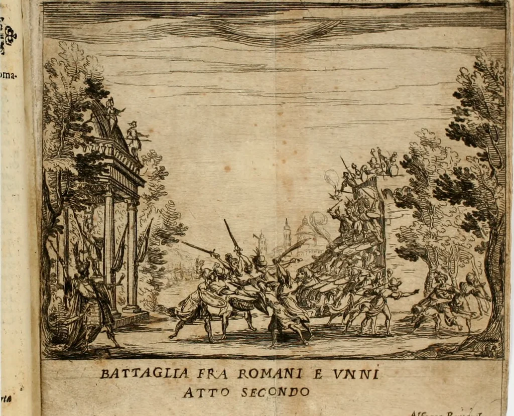 An illustration from La regina sant' Orsola, del sig. Andrea Saluadori : rappresetata nel teatro del sereniss. gran duca di Toscana al serenissimo principe Vladislao Sigismondo, principe di Polonia e di Suezia ; et, I fiori del Caluario, del medesimo, 1625, leaf 55