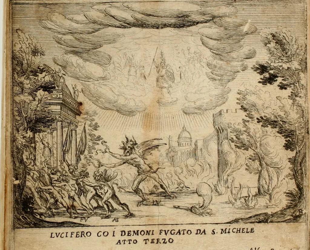 An illustration from La regina sant' Orsola, del sig. Andrea Saluadori : rappresetata nel teatro del sereniss. gran duca di Toscana al serenissimo principe Vladislao Sigismondo, principe di Polonia e di Suezia ; et, I fiori del Caluario, del medesimo, 1625, leaf 63