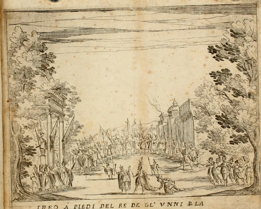 An illustration from La regina sant' Orsola, del sig. Andrea Saluadori : rappresetata nel teatro del sereniss. gran duca di Toscana al serenissimo principe Vladislao Sigismondo, principe di Polonia e di Suezia ; et, I fiori del Caluario, del medesimo, 1625, leaf 77