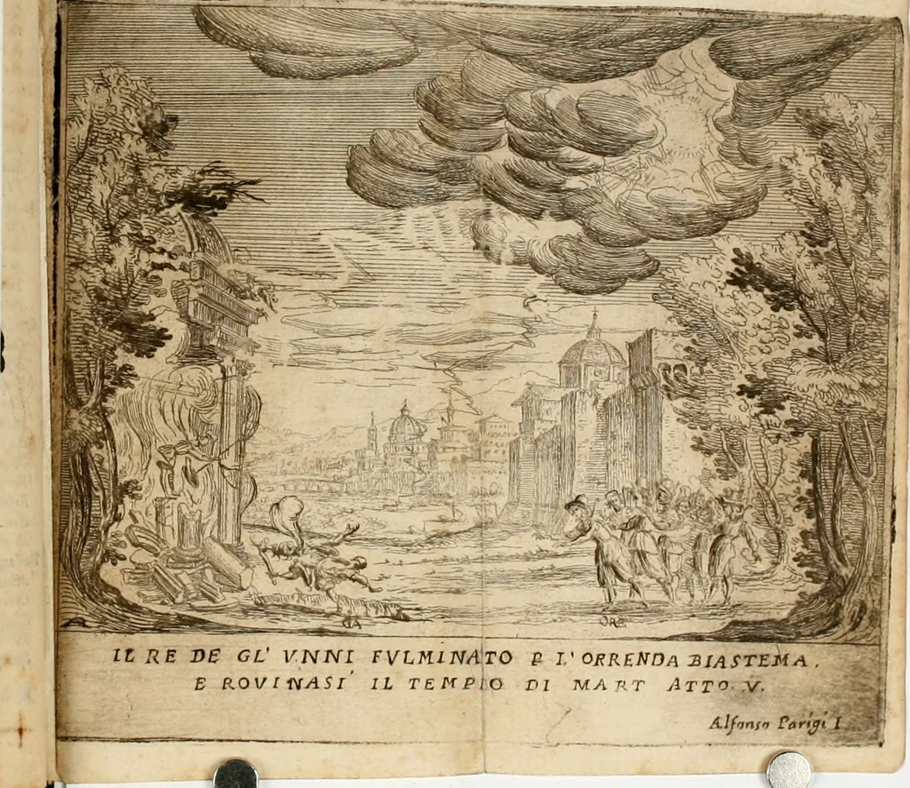 An illustration from La regina sant' Orsola, del sig. Andrea Saluadori : rappresetata nel teatro del sereniss. gran duca di Toscana al serenissimo principe Vladislao Sigismondo, principe di Polonia e di Suezia ; et, I fiori del Caluario, del medesimo, 1625, leaf 97