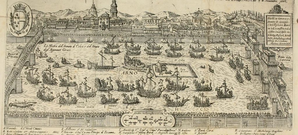 An illustration from L'Argonavtica del s. Francesco Cini : rappresentata in Arno per le nozze del sereniss. d. Cosimo de Medici, principe di Toscana, e della serenissima arcidvchessa Maria Maddalena d'Avstria : Firenze, l'anno MDCVIII, 1608, leaf 30