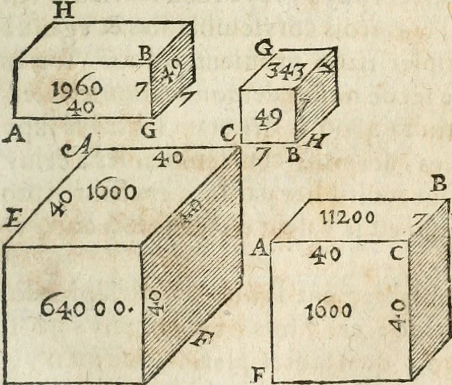 An illustration from L'arithmétique de Jean Trenchant, departie en trois liures. Ensemble vn petit discours des changes, auec l'art de calculer aux getons, 1602, leaf 250