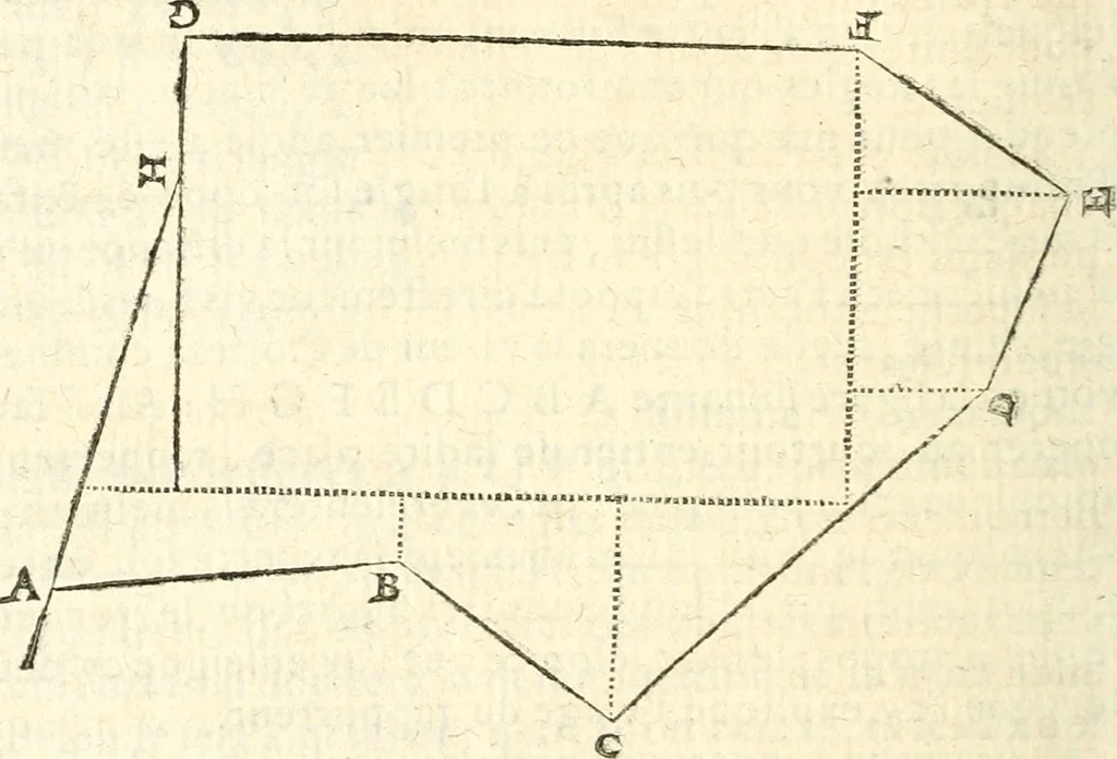 An illustration from L'arithmetiqve en sa perfection mise en pratiqve selon l'vsage des financiers, banqviers et marchands. Contenant vne ample & familiere explication de ses principes, tant en nombres entiers qu'en fractions. Avec vn traité de geometrie pratique appliquée à l'arpentage & au toisé, tant des superficies que des corps solides, et vn abregé d'algebre, suiuy de quantité de questions non moins curieuses que necessaires, 1668, leaf 343