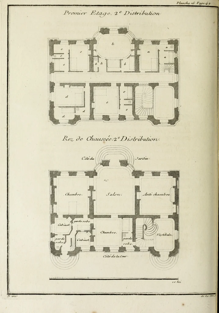 An illustration from L'art de bâtir des maisons de campagne : où l'on traite de leur distribution, de leur construction, & de leur decoration ... : avec l'explication de ses projets, et des desseins de menuiserie, de serrurerie, de parterres, & d'autres ornemens propres à la decoration intérieure & extérieure ..., 1743, leaf 103