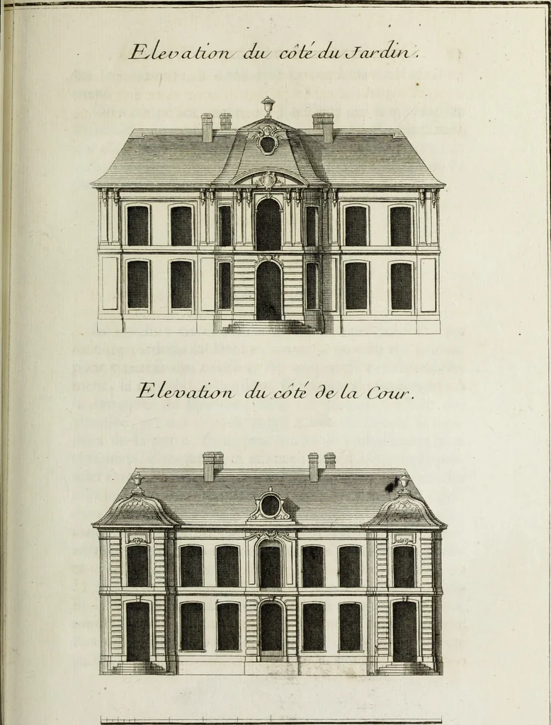 An illustration from L'art de bâtir des maisons de campagne : où l'on traite de leur distribution, de leur construction, & de leur decoration ... : avec l'explication de ses projets, et des desseins de menuiserie, de serrurerie, de parterres, & d'autres ornemens propres à la decoration intérieure & extérieure ..., 1743, leaf 106