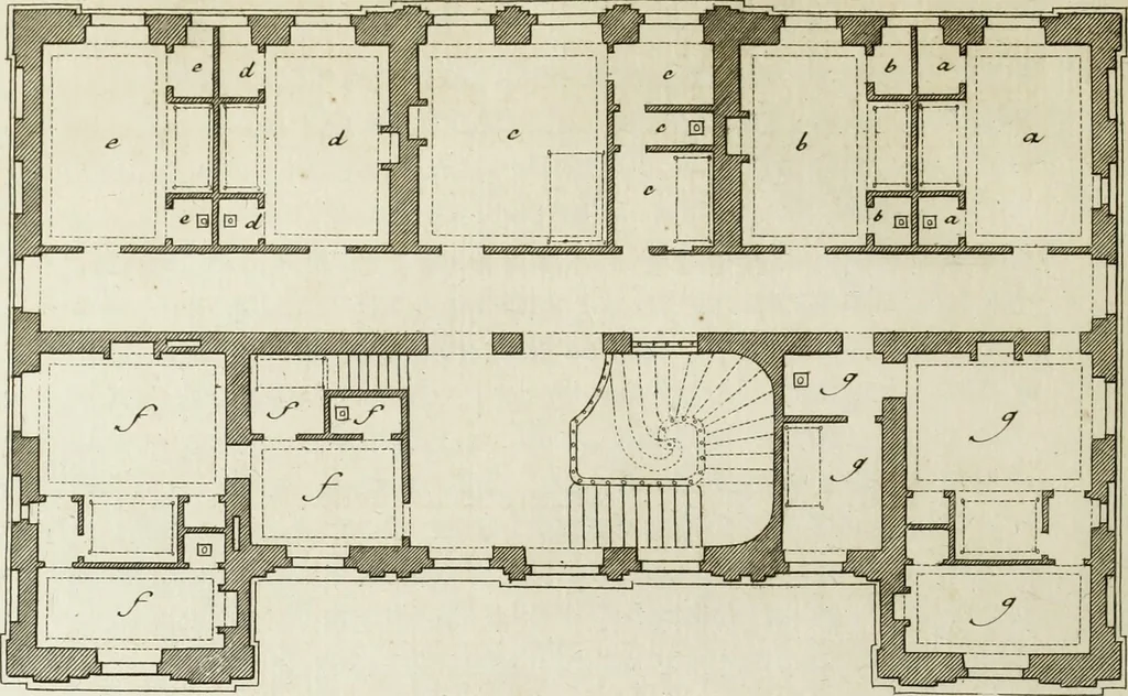 An illustration from L'art de bâtir des maisons de campagne : où l'on traite de leur distribution, de leur construction, & de leur decoration ... : avec l'explication de ses projets, et des desseins de menuiserie, de serrurerie, de parterres, & d'autres ornemens propres à la decoration intérieure & extérieure ..., 1743, leaf 117