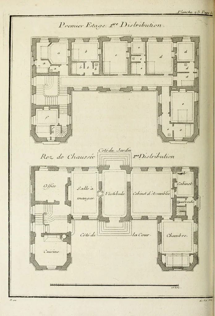 An illustration from L'art de bâtir des maisons de campagne : où l'on traite de leur distribution, de leur construction, & de leur decoration ... : avec l'explication de ses projets, et des desseins de menuiserie, de serrurerie, de parterres, & d'autres ornemens propres à la decoration intérieure & extérieure ..., 1743, leaf 127