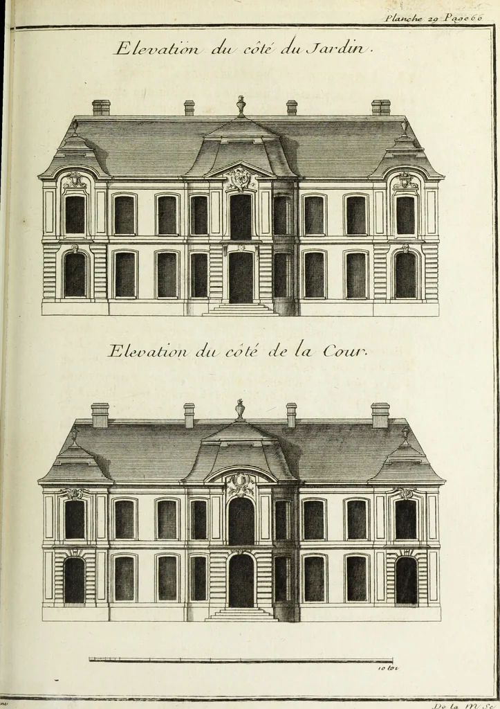 An illustration from L'art de bâtir des maisons de campagne : où l'on traite de leur distribution, de leur construction, & de leur decoration ... : avec l'explication de ses projets, et des desseins de menuiserie, de serrurerie, de parterres, & d'autres ornemens propres à la decoration intérieure & extérieure ..., 1743, leaf 146