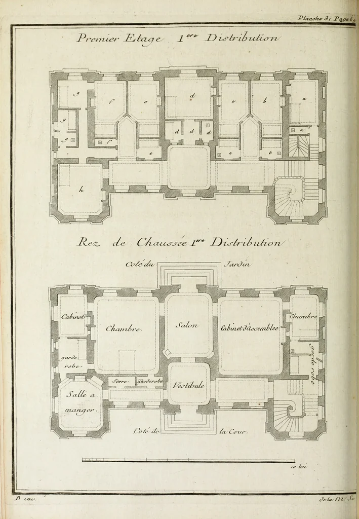 An illustration from L'art de bâtir des maisons de campagne : où l'on traite de leur distribution, de leur construction, & de leur decoration ... : avec l'explication de ses projets, et des desseins de menuiserie, de serrurerie, de parterres, & d'autres ornemens propres à la decoration intérieure & extérieure ..., 1743, leaf 153