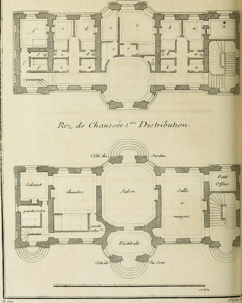 An illustration from L'art de bâtir des maisons de campagne : où l'on traite de leur distribution, de leur construction, & de leur decoration ... : avec l'explication de ses projets, et des desseins de menuiserie, de serrurerie, de parterres, & d'autres ornemens propres à la decoration intérieure & extérieure ..., 1743, leaf 165
