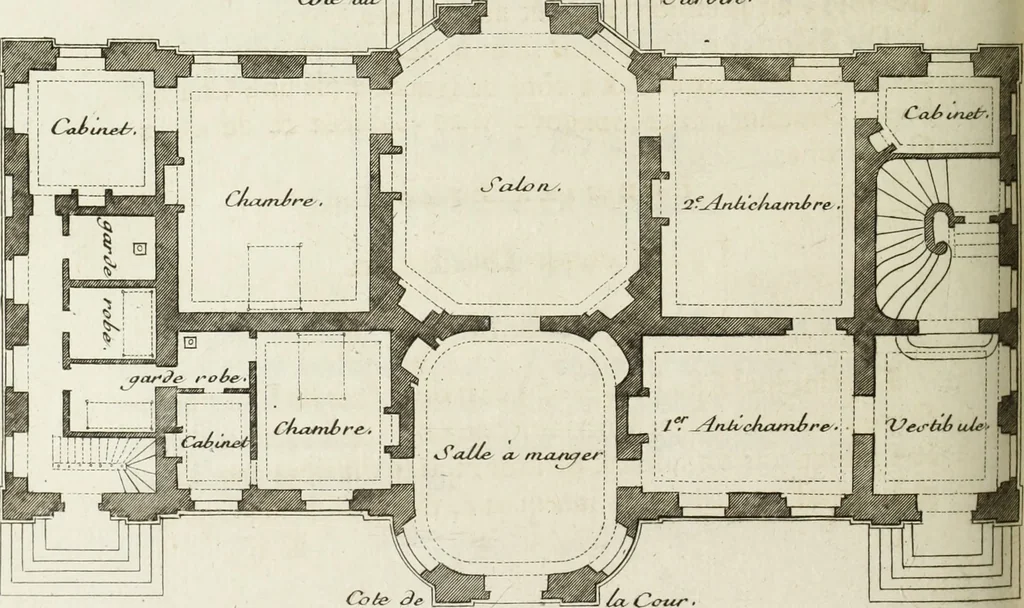 An illustration from L'art de bâtir des maisons de campagne : où l'on traite de leur distribution, de leur construction, & de leur decoration ... : avec l'explication de ses projets, et des desseins de menuiserie, de serrurerie, de parterres, & d'autres ornemens propres à la decoration intérieure & extérieure ..., 1743, leaf 169