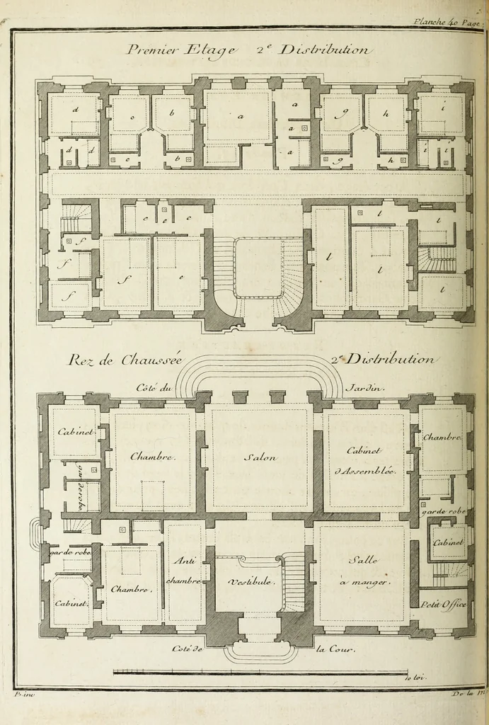 An illustration from L'art de bâtir des maisons de campagne : où l'on traite de leur distribution, de leur construction, & de leur decoration ... : avec l'explication de ses projets, et des desseins de menuiserie, de serrurerie, de parterres, & d'autres ornemens propres à la decoration intérieure & extérieure ..., 1743, leaf 181