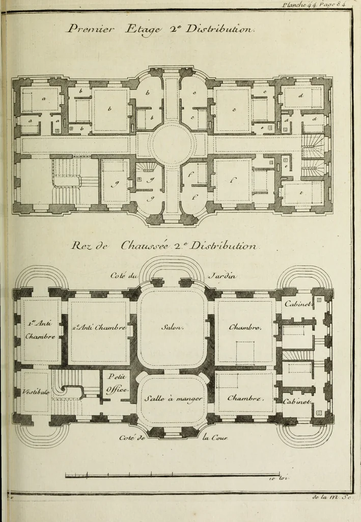 An illustration from L'art de bâtir des maisons de campagne : où l'on traite de leur distribution, de leur construction, & de leur decoration ... : avec l'explication de ses projets, et des desseins de menuiserie, de serrurerie, de parterres, & d'autres ornemens propres à la decoration intérieure & extérieure ..., 1743, leaf 194