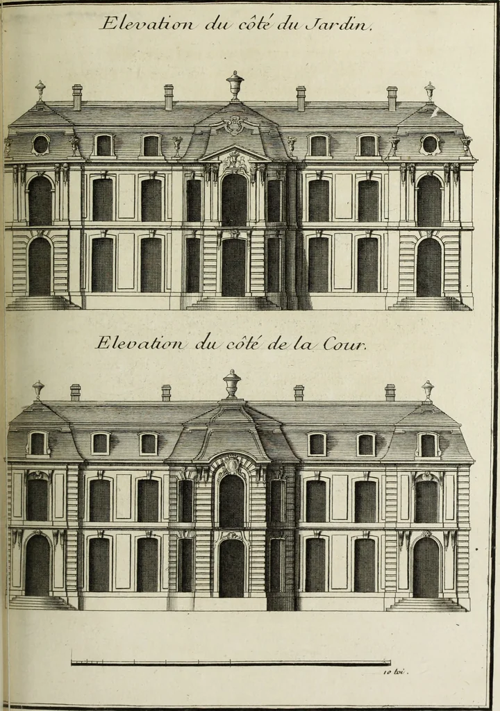 An illustration from L'art de bâtir des maisons de campagne : où l'on traite de leur distribution, de leur construction, & de leur decoration ... : avec l'explication de ses projets, et des desseins de menuiserie, de serrurerie, de parterres, & d'autres ornemens propres à la decoration intérieure & extérieure ..., 1743, leaf 198