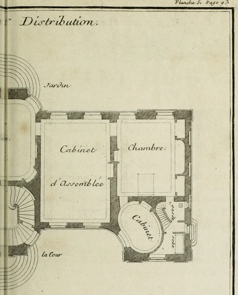 An illustration from L'art de bâtir des maisons de campagne : où l'on traite de leur distribution, de leur construction, & de leur decoration ... : avec l'explication de ses projets, et des desseins de menuiserie, de serrurerie, de parterres, & d'autres ornemens propres à la decoration intérieure & extérieure ..., 1743, leaf 218