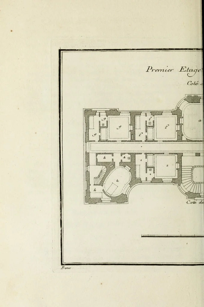 An illustration from L'art de bâtir des maisons de campagne : où l'on traite de leur distribution, de leur construction, & de leur decoration ... : avec l'explication de ses projets, et des desseins de menuiserie, de serrurerie, de parterres, & d'autres ornemens propres à la decoration intérieure & extérieure ..., 1743, leaf 223