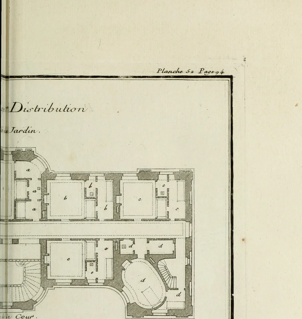An illustration from L'art de bâtir des maisons de campagne : où l'on traite de leur distribution, de leur construction, & de leur decoration ... : avec l'explication de ses projets, et des desseins de menuiserie, de serrurerie, de parterres, & d'autres ornemens propres à la decoration intérieure & extérieure ..., 1743, leaf 224