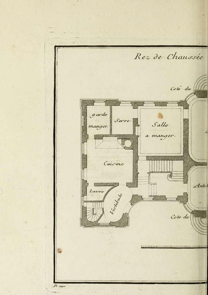 An illustration from L'art de bâtir des maisons de campagne : où l'on traite de leur distribution, de leur construction, & de leur decoration ... : avec l'explication de ses projets, et des desseins de menuiserie, de serrurerie, de parterres, & d'autres ornemens propres à la decoration intérieure & extérieure ..., 1743, leaf 227