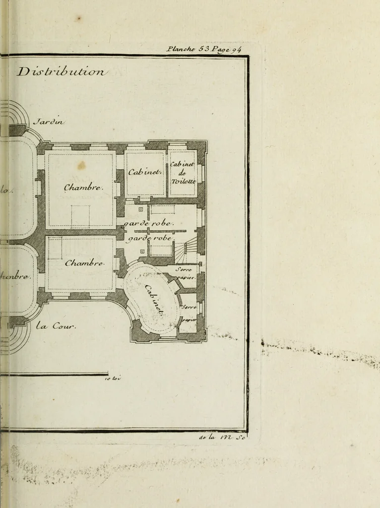 An illustration from L'art de bâtir des maisons de campagne : où l'on traite de leur distribution, de leur construction, & de leur decoration ... : avec l'explication de ses projets, et des desseins de menuiserie, de serrurerie, de parterres, & d'autres ornemens propres à la decoration intérieure & extérieure ..., 1743, leaf 228