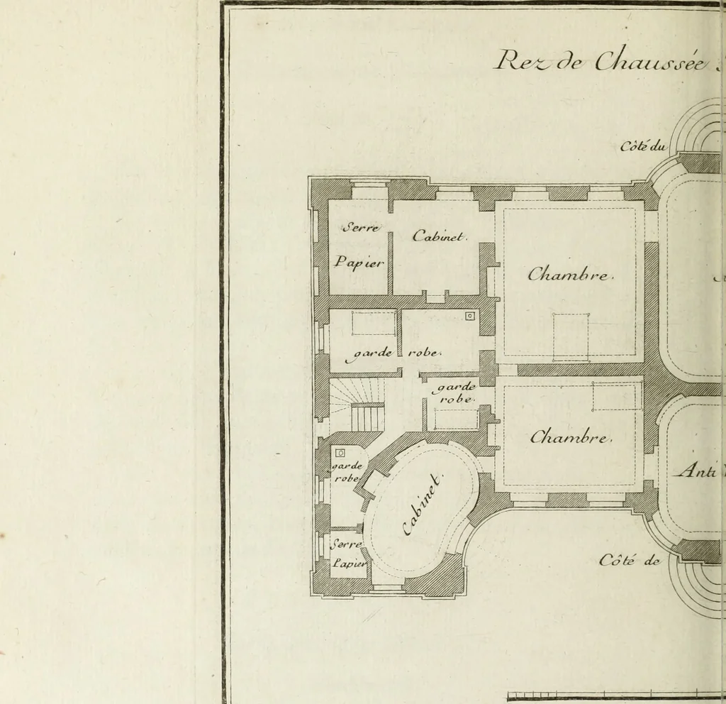 An illustration from L'art de bâtir des maisons de campagne : où l'on traite de leur distribution, de leur construction, & de leur decoration ... : avec l'explication de ses projets, et des desseins de menuiserie, de serrurerie, de parterres, & d'autres ornemens propres à la decoration intérieure & extérieure ..., 1743, leaf 237